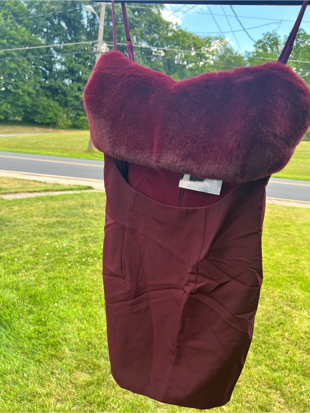 naked wardrobe burgundy faux fur trim mini dress - Picture 6 of 6